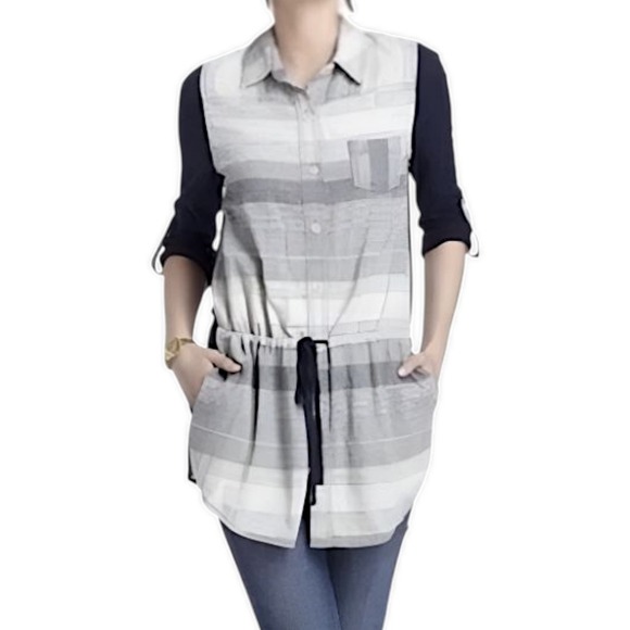 Anthropologie Tops - 9-H15 STCL Anthro Linen Stripe Tunic Top Navy Blue Women's Sz Medium Boho Casual